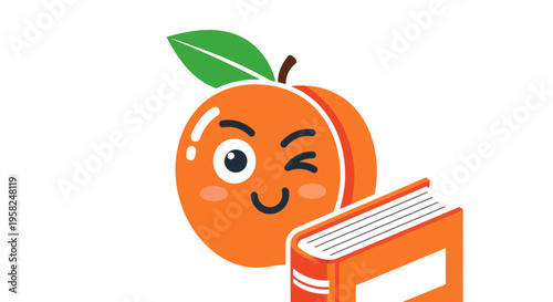 Cute Peach Character Winking Next to an Open Book, Fun Learning Concept