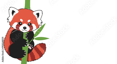 Cute Red Panda Climbing Bamboo Tree, Cartoon Style Illustration