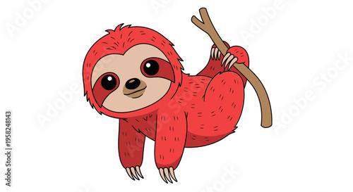 Cute Red Sloth Hanging on a Branch, Cartoon Style