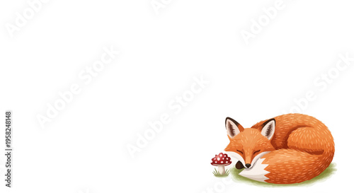 Cute Sleeping Fox with Mushroom on White Background