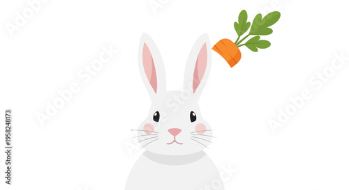 Cute White Rabbit with Carrot Top Illustration, Easter Bunny Concept