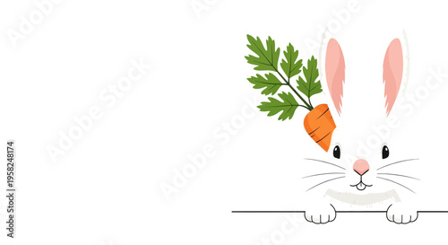 Cute White Bunny Holding Carrot with Green Leaves