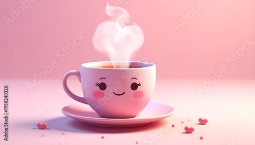 Cute Kawaii Coffee Cup with Smiling Face and Steam.