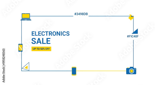 Electronics Sale Banner with Laptop, Smartphone, Camera Icons and Discount Offer