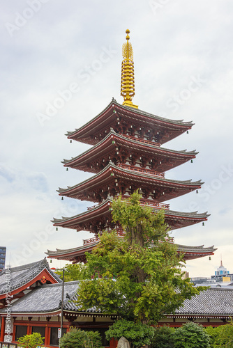 View of the Senso-ji Five-Storied Pagoda in the middle of the city a tower-like structure that can be seen in the precincts of Buddhist temples and one of the very few pagodas still standing in Tokyo