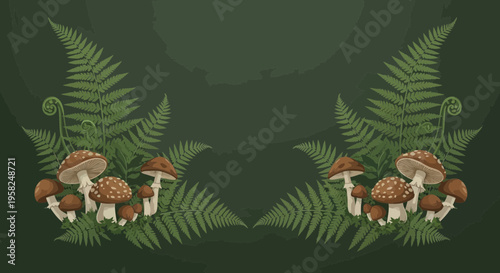 Enchanted Forest Border: Ferns and Amanita Mushrooms, Dark Green Background