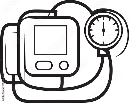 black and white blood pressure monitor icon with clock isolated on white