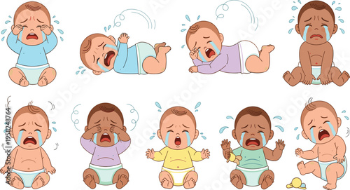 Crying Baby Emotions Vector Set with Diverse Infants Tears Tantrum Poses and Distress Expressions for Child Behavior Illustration.