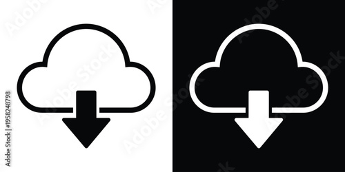 A minimalist cloud icon featuring a downward arrow inside a circle. Ideal for representing data downloading, cloud synchronization, file saving, and digital information retrieval symbols.