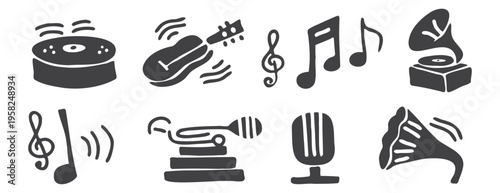 Grunge music icons: drum, guitar, trumpet, gramophone, microphone, treble clef, notes, vinyl. Bold linocut doodle hand drawn style, black silhouette isolated on white