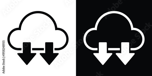 A minimalist cloud icon featuring a downward arrow inside a circle. Ideal for representing data downloading, cloud synchronization, file saving, and digital information retrieval symbols.