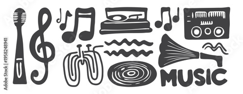 Grunge music icons set: microphone, treble clef, notes, vinyl, turntable, saxophone, gramophone, wave, radio. Bold linocut hand drawn doodle style, isolated on white background