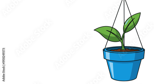 Green sprout in blue hanging pot, isolated on white background, growth concept