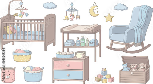 Baby Nursery Essentials Vector Set with Crib, Rocking Chair, Changing Table, Storage Baskets, and Soft Toys for Newborn Room Design