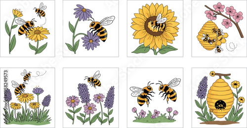 Bee and Flower Illustration Set with Pollination, Sunflower, Lavender, and Honeycomb for Nature, Gardening, and Wildlife Design