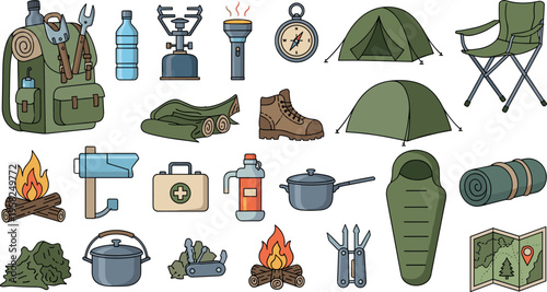 Camping and Outdoor Gear Vector Set with Backpack, Tent, Sleeping Bag, Lantern, First Aid Kit, and Camping Equipment for Adventure and Nature Design