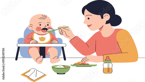 Mother Feeding Baby Vector Illustration with Infant Sitting in High Chair Eating Puree Meal with Spoon and Healthy Food for Childcare Design.