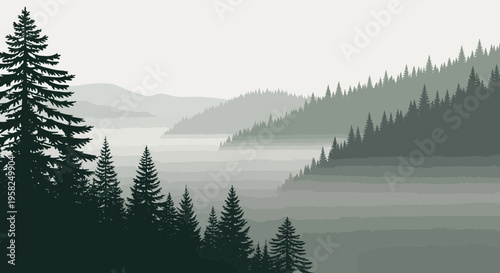 Misty Mountain Forest Landscape with Evergreen Trees and Serene Lake