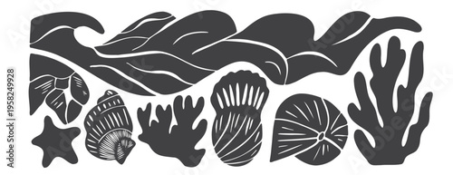 Bold  linocut illustration featuring sea shells, coral, starfish, and ocean waves. Naive hand-drawn vector elements for nautical design, marine life posters, and coastal decor. black and white