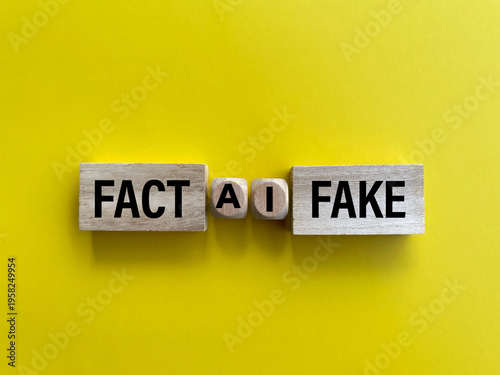 AI fact versus fake concept using wooden blocks highlighting truth and misinformation on yellow background