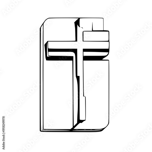 Bold Minimalist Cross and Bible Vector Graphic. Art. High contrast black and white vector illustration of a Christian cross integrated with a closed book or Holy Bible. Strong geometric religious 