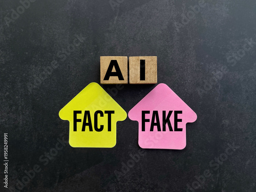 Artificial intelligence concept showing fact versus fake decision with directional arrows and AI blocks on dark background