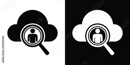Professional icon showing a cloud with a magnifying glass over a user silhouette. Represents online recruitment, HR talent scouting, searching for personnel, and cloud-based job hunting.