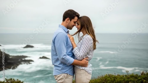 A romantic couple shares a tender moment on a cliff overlooking the ocean