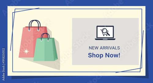 Online Shopping New Arrivals Banner with Shopping Bags and Laptop Icon