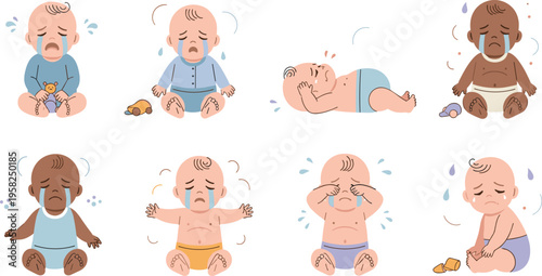 Sad and Crying Baby Vector Set with Infant Distress Emotions Tears and Upset Expressions for Child Behavior Illustration.