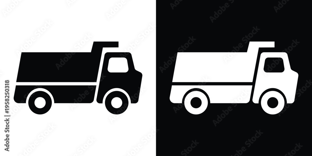 Fototapeta premium Solid black and white silhouette of a heavy-duty dump truck. Suitable for construction, logistics, industrial hauling, waste management, and heavy machinery transportation industry designs.