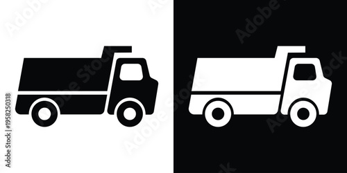 Solid black and white silhouette of a heavy-duty dump truck. Suitable for construction, logistics, industrial hauling, waste management, and heavy machinery transportation industry designs.