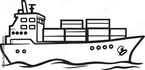 black and white cargo ship line drawing isolated on white background