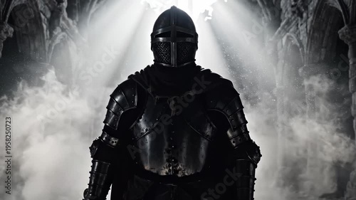 A powerful armored knight emerges from the misty depths of a dimly lit cavern, bathed in a dramatic shaft of light, embodying medieval valor and an epic, timeless quest