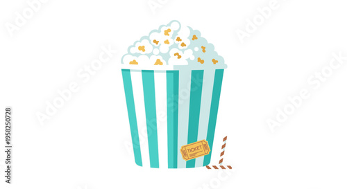 Popcorn Bucket with Ticket Stub Isolated on White Background