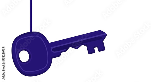Purple Key Hanging on String, Isolated on White Background, Concept of Access and Solution
