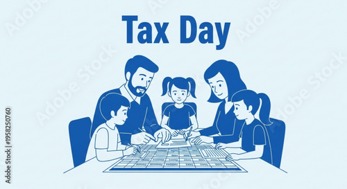 A family of five sitting at a table working on taxes together on Tax Day