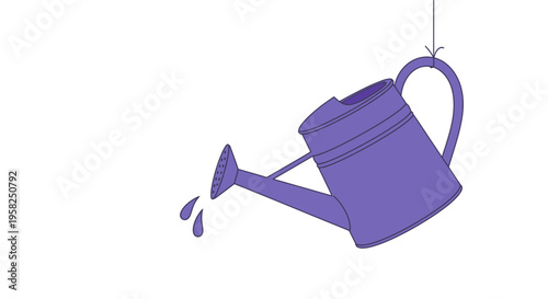 Purple watering can pouring water on a white background