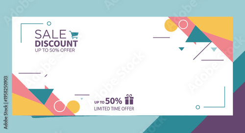 Sale Discount Up to 50% Offer Banner with Geometric Shapes and Shopping Cart Icon