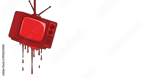 Retro Television Melting Red Paint Drips Isolated White Background