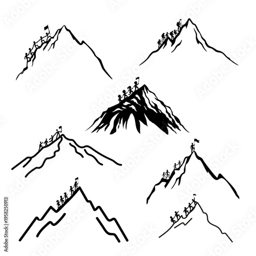 Hand drawn illustration set of people climbing mountains together. Concept of teamwork, growth, goal achievement, success and overcoming challenges. Suitable for education, coaching, personal developm