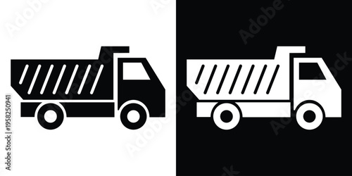 Solid black and white silhouette of a heavy-duty dump truck. Suitable for construction, logistics, industrial hauling, waste management, and heavy machinery transportation industry designs.