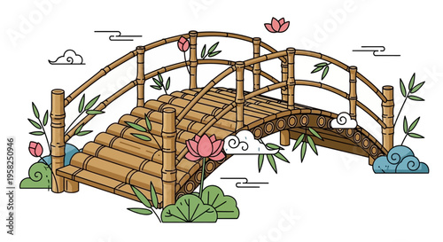Serene Bamboo Bridge with Lotus Flowers and Clouds Illustration