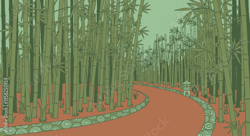 Serene Bamboo Forest Path with Lantern and Decorative Border