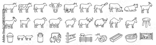 Farm livestock line icon set. Cow, goat, sheep, buffalo, yak, camel, donkey, milking, bucket, machine, fence, trough, barn, gate, stool, calf outline vector illustrations. Signs for farming.