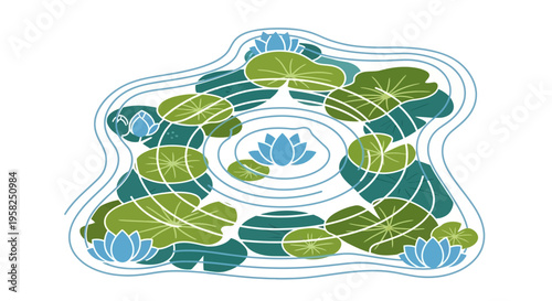 Serene Pond with Water Lilies and Ripples - Stylized Illustration