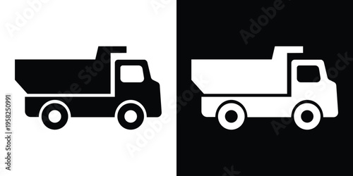 Solid black and white silhouette of a heavy-duty dump truck. Suitable for construction, logistics, industrial hauling, waste management, and heavy machinery transportation industry designs.