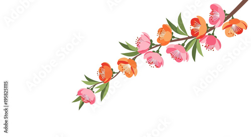 Spring Blossom Branch with Pink and Orange Flowers and Green Leaves