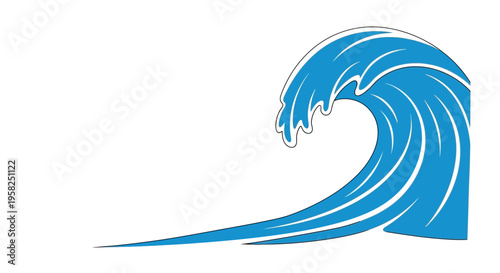 Stylized Blue Ocean Wave Crashing, Isolated on White Background