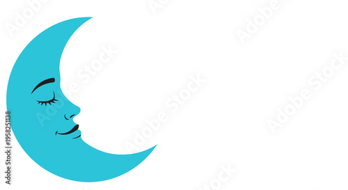 Stylized Crescent Moon with Face, Sleeping, Blue, Night Sky Concept